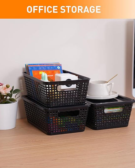 Plastic Storage Baskets With Lid, Storage Bins for Organizing, Stackable Decorative Containers for Shelves Drawers Desktop Closet Playroom Classroom Office, 8 Pack-Black
