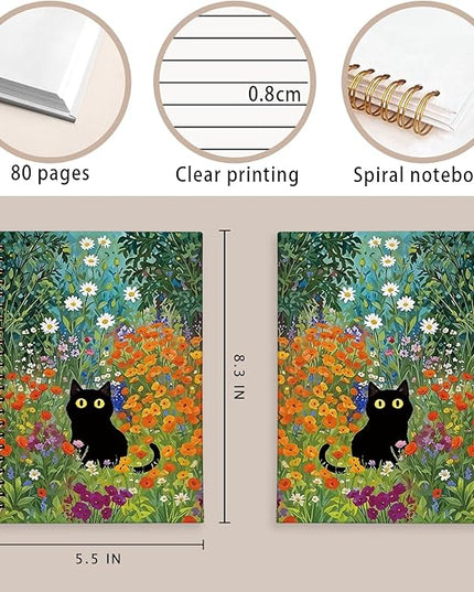 Cute Cat Notebook Journal Gifts for People Who Love Cats, Cat Gifts for Girls, Cat Lover Gifts for Women Men, Funny Black Cats Floral Spiral Notebook Notepad for School Supplies 5.5x8.3 Inch