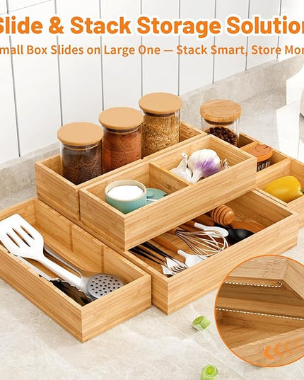 SpaceWhisper Bamboo Drawer Organizer, 5-Piece Drawer Divider with Removable Dividers for Organization and Storage, Multi-Use Stackable Storage Box & Utensil Holder for Kitchen, Office, Makeup & More