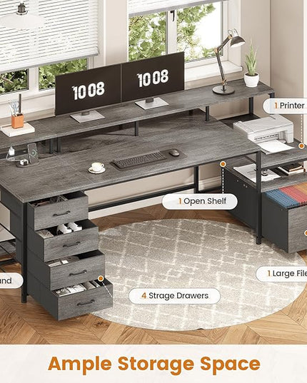 SEDETA 75'' Computer Desk with 5 Drawer, Power Outlet & Led Lights, Home Office Desk with File Drawer, Storage Shelves, Printer Cabinet and Monitor Shelf, 23.6" W Large Desktop Gaming Desk, Grey