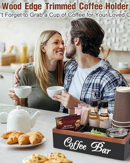 Wooden Coffee Organizer Holder with Divided Sections & Cutout Handle, Farmhouse Coffee Bar Organizer for Pods, Cups, Lids, Syrups, Stirrers & Accessories – Ideal Gift for Home or Office