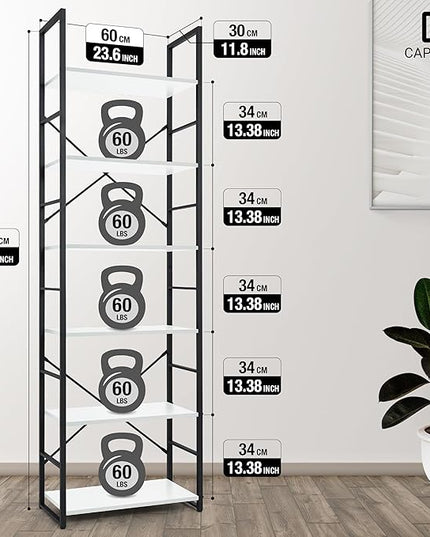 CAPHAUS 6 Tier Bookshelf, 24 Inch Width Free Standing Shelf, Bookcase Shelf Storage Organizer, Industrial Book Shelves for Home Office, Living Room, Kitchen, White Shelves & Metal Frame