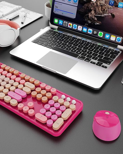 Wireless Keyboard and Mouse Combo, Ergonomic Full Size Typewriter Retro Round Keycaps Keyboard, Compatible with Windows, PC, Perfer for Home and Office Keyboards （Red）