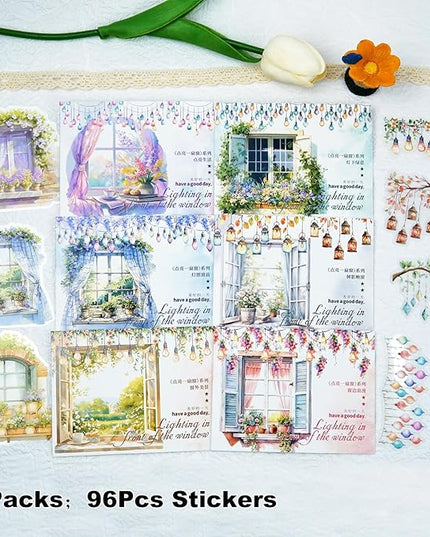 AuriicLeaf Romantic Window PET Stickers, 96pcs Dreamy Floral and String Light Decorative Sticker for Scrapbooking, Journaling, DIY Crafts, Planner Supplies