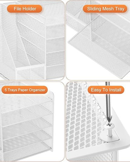 Marbrasse Desk Organizer with File Holder, 5-Tier Paper Letter Tray, Mesh Desk Organizers and Accessories with Magazine Holder, Desktop Organizer and Storage for Office Supplies (White)