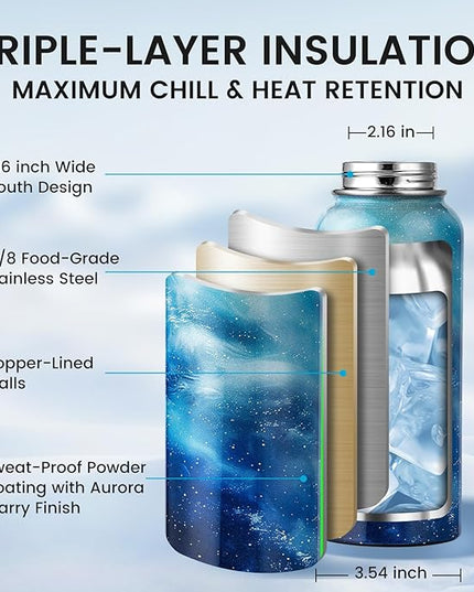 32oz Insulated Water Bottle, Triple Wall Vacuum Stainless Steel Water Bottles - Keeps Cold 48H, Reusable 1/4 Gallon water flask Jug for Gym, Sports, Camping, Hiking,Travel, Aurora-Blue