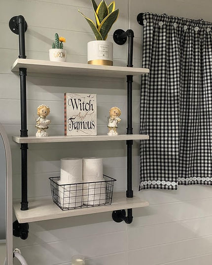 White Floating Shelves 24 inch Pipe Wall Shelves Bathroom Shelves Over Toilet with Wood Planks Industrial Pipe Floating Shelves Farmhouse Bathroom Pipe Shelves Wall Mounted