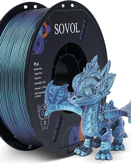 Sovol Silk PLA Filament with Blue Glitter 1kg 1.75mm, Color Changeable 3D Printer Filament 2.2lbs, Chameleon Shiny PLA Material +/-0.03mm, Shimmering 3D Printing Filament, Galaxy Blue