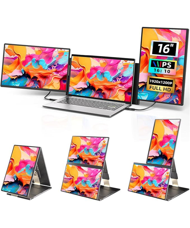 Larksmile Triple Laptop Screen Extender, 16" Triple Screen Laptop Monitor Extender, FHD 1200P IPS Triple Monitor, 235° Rotation Plug&Play for Multi-Screen Work/Travel/Conference/Study