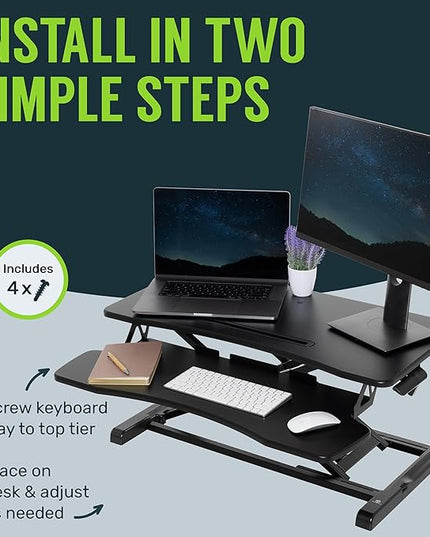 TechOrbits Standing Desk Converter-32-inch Height Adjustable, MDF Wood, Sit Riser-Black, 32"
