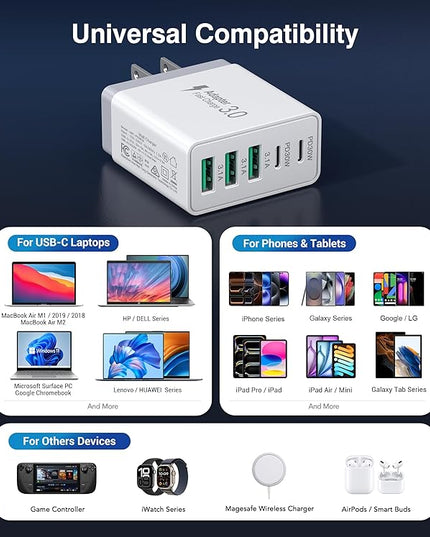 60W USB C Wall Charger Block, 2Pack 5-Port C Charger Fast Charging Block Dual PD Power Adapter&QC 3.0 Wall Plug Multiport Type C Charging Cube Brick for iPhone 12/13/14/15/16/17 Pro Max, iPad,Samsung