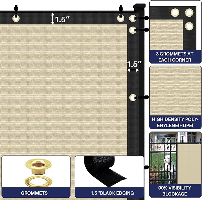 Windscreen4less Privacy Fence Screen Heavy Duty Windscreen Fencing Mesh Fabric Shade Net Cover with Brass Grommtes for Outdoor Wall Garden Yard Pool Deck, 6'x73' Beige