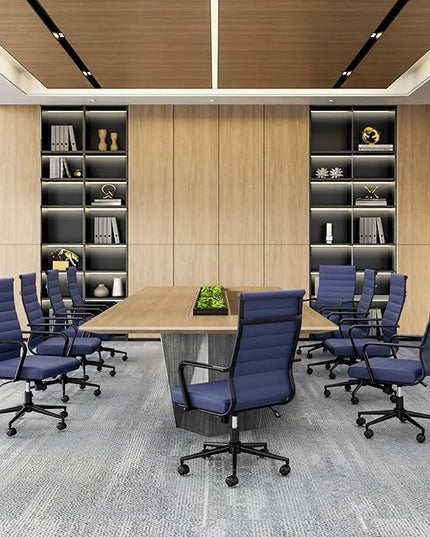 Okeysen Blue Leather Office Desk Chair, Conference Room Chairs Executive Chair Ribbed, Ergonomic Height Adjustable Swivel Rolling Chair for Home Office.