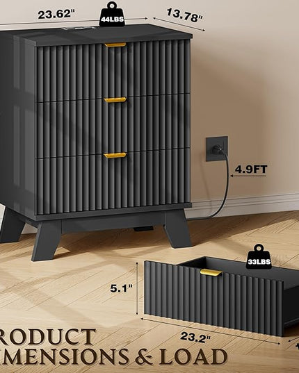 BORNOON 30.5" Nightstand with Charging Station, 3-Drawer Fluted Bedroom Chest, Wood Bedside Dresser with Power Outlets and USB Ports, Metal Slides, Stable Base, Modern Storage Cabinet for Small Spaces