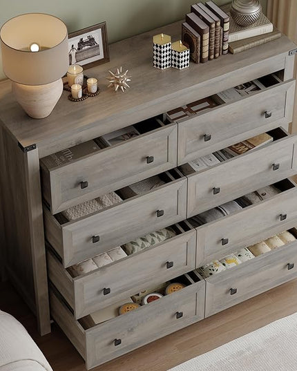 BORNOON Tall 8-Drawer Dresser, Modern Wooden Storage Chest of Drawers, Dresser TV Stand, Wood Drawer Organizer with Metal Handles for Bedroom, Living Room, Hallway
