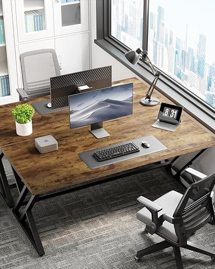 LVB Rustic Wood Computer Desk, Metal Home Executive Office Desk, Industrial Large Gaming Writing Desk, Wooden Student Study Computer Table for Bedroom Living Room, Rustic Brown, 60 Inch