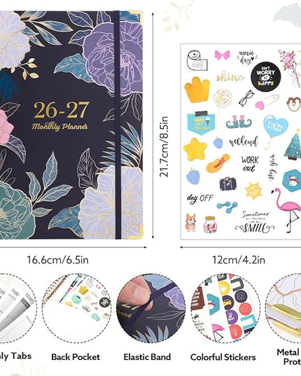2026-2027 Monthly Planner, 24 Months Calendar Planner January 2026 - December 2027 Monthly Calendar with Elastic Band, Inner Pocket for Home School Office Supplies, Blue Flower