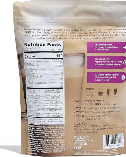 Click Coffee Protein Powder | Double Shot Espresso | 16g Protein | 23 Essential Vitamins | Low Calorie Meal Replacement | 150mg Caffeine | Gluten Free | No Artificial Flavors or Colors | Vanilla