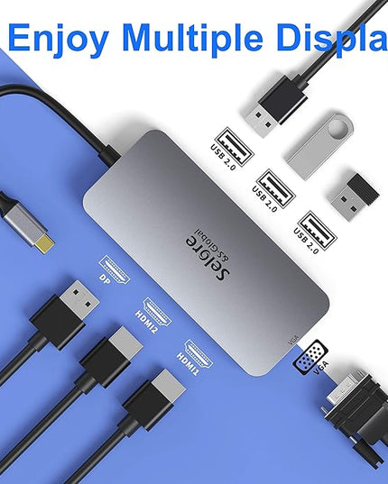 USB C to Dual HDMI Adapter,7 in 1 USB C Docking Station to Dual HDMI Displayport VGA,USB to 3USB 2.0, Multi Monitor Adapter for Dell XPS 13 15,Lenovo Yoga,Huawei Matebook X pro,etc