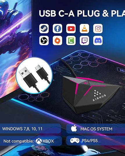 AIRHUG Gaming Microphone, USB Computer Microphone for Windows, Mac, PS4/5, Noise Reduction,Mute Button & RGB Indicator, Plug & Play Condenser Microphone for Streaming, Podcasts, Twitch, YouTube