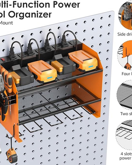 CCCEI Modular Power Tool Organizer Wall Mount with Charging Station. Garage Drill Storage Shelf with Hooks, Heavy Duty Rack, Tool Battery Holder Built in 8 Outlet. Gift for Men. Orange, 1 Pack.