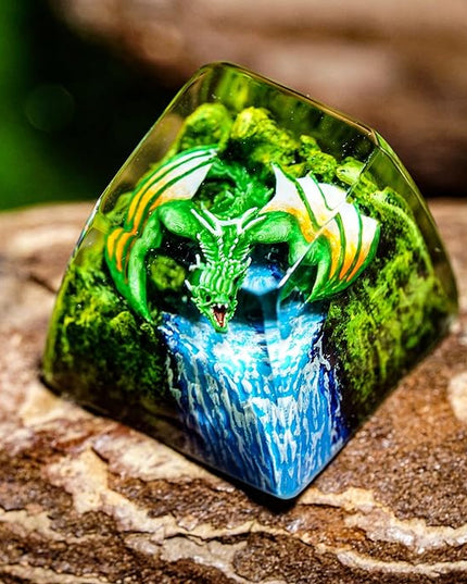 Green Dragon with Waterfall Artisan Keycap R1 SA Profile Custom Fantasy Dragon Keycaps 1U ESC Handmade Gaming Resin Key Cap Cherry MX Switch Compatible Mechanical Keyboard Gift for Dragon Lover