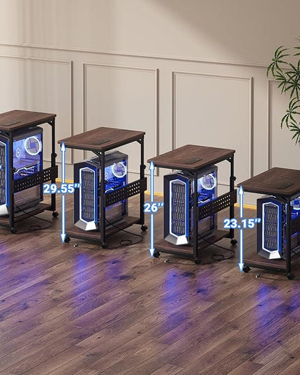 Computer Tower Stand with Power Strips, 4 Levels Manual Height Adjustable PC Tower Stand for Under Desk, Mobile Rolling CPU Holder, Computer Cart with Wheels, 24", Black Walnut