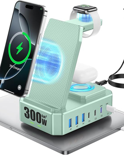 300W Charging Station for Multiple Devices Apple, Zutspzss 10 in 1 Wireless Charger for iPhone 16, GaN III USB C 65W PD Fast Charging Stand Dock for MacBook, Apple Watch&Airpods,Green