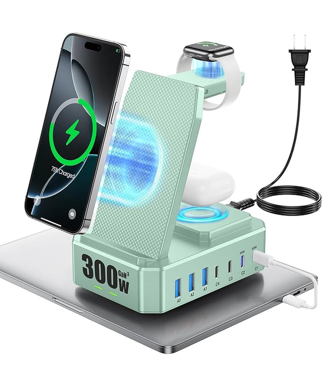 300W Charging Station for Multiple Devices Apple, Zutspzss 10 in 1 Wireless Charger for iPhone 16, GaN III USB C 65W PD Fast Charging Stand Dock for MacBook, Apple Watch&Airpods,Green