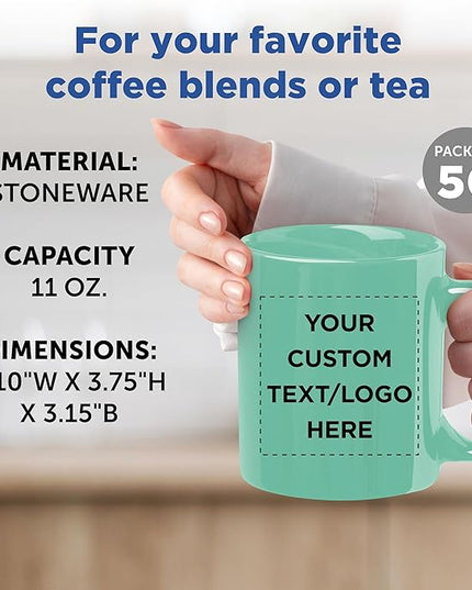 Custom Ceramic Coffee Mugs 11 oz. Set of 50, Personalized Bulk Pack - Coffee cup set, Iced coffee cup, Gaming mug - Teal