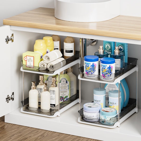 Delamu 2-Tier Multi-Purpose Bathroom Under Sink Organizers and Storage, Stackable Kitchen Pantry Organization, Pull Out Medicine Cabinet Organizer with Movable Dividers, Black, 2 Pack