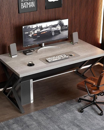 LVB Grey Desk, Industrial Wood Home Office Computer Desk for Bedroom, Farmhouse Metal Wooden Study Work PC Gaming Writing Table, Modern Simple Executive Writing Desk, 47 Inch, Light Gray