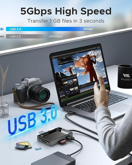 SD Card Reader USB 3.0, WARRKY [2.5FT Nylon Braided, Extra USB 3.0 Ports, 5Gbps] 7 in 1 Memory Card Reader, Micro SD Card Adapter for microSD, SDXC, SDHC, CF, MS, MMC, Micro SDXC/SDHC, UHS-I, More