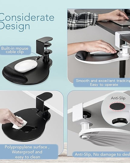 EHO Clamp on Mouse Platform, Clip on Pad Rotating 360 Degree, w/Comfortable Gel Wrist Rest, Ergonomic, Attachment, Slide Out Tray, Suitable for 1.5" Thickness Desk, for Home Office Desk Organizer