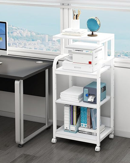 4 Tier White Printer Stand Table with Adjustable Shelves, Movable Printer Shredder Stand with Wheels for Home Office Storage and Organization, Rolling Cart for Computer Tower CPU