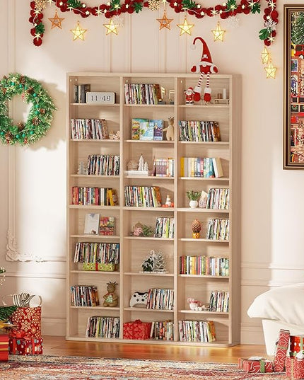 LELELINKY 8 Tier Tall Display Cabinet, Natural Media Storage Cabinet with Adjustable Shelves, Free Standing DVD Organizer Shelf, Floor multimedia storage manga bookshelf for Living Room & Home Office.