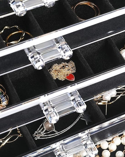 Frebeauty Acrylic Jewelry Organizer Earring Organizer Box with 5 Drawers Earring Holder Organizer with Velvet Trays Clear Jewelry Box for Women Earring Display for Rings Studs(Black)