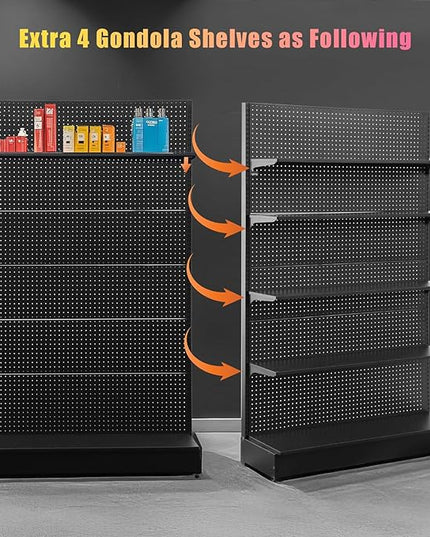 Eastern Tree 4 Packs Gondola Shelves 47 1/4”L x 13 1/2”W for Industrial Grade Black Pegboard Display Stand, 4 Shelves for Gondola Units with 8 Pieces Supply Arms