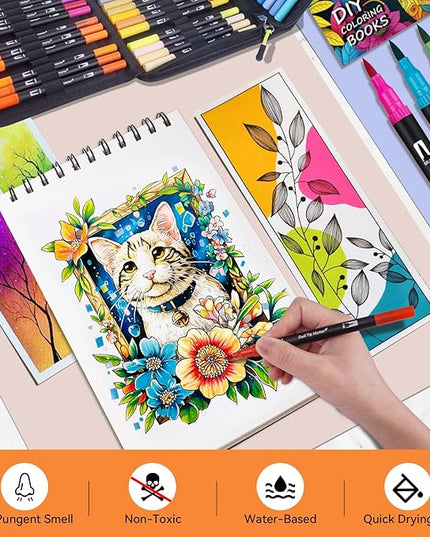 Dual Markers Brush Pens for Adult Coloring Books, 72 Colors Art Marker Set with Fine & Brush Tip Pen for Bullet Journaling, Coloring, Drawing, Hand Lettering, Calligraphy, Art Supplies