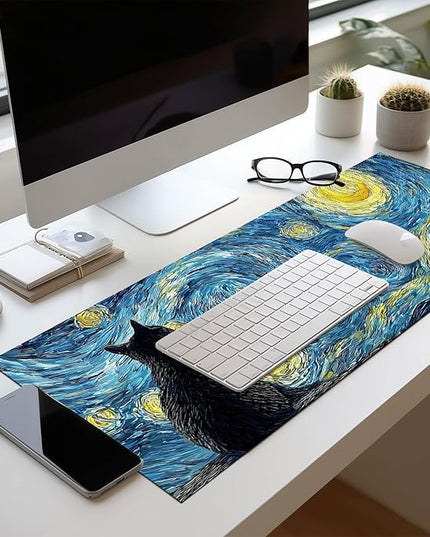 Black Cat XL Mouse Pad 31.5 x 11.8 Inch Gaming Mousepad Diatomite Large Keyboard Mouse Pad for Home and Office Desk Accessories with Night Sky Swirl Cat Silhouette Artwork