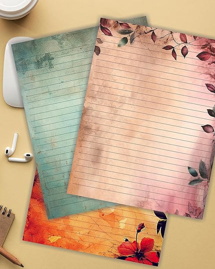 PARTH IMPEX 56 Sheets Vintage Lined Writing Paper 8.5x11 - Letter Size Ruled Stationery Rustic Old Looking Letterhead Printer Paper - 120gsm Thick Decorative Colored Antique Aged Foliage Design