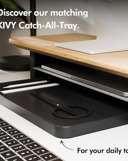 KIVY Dual Monitor Riser with Integrated Metal Shelf - Wooden desk shelf for top of desk - Wood monitor stand for desk 2 monitors / tv - Dual monitor stand riser for desk - Large walnut monitor stand