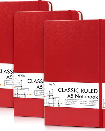 feela 3 Pack Notebooks Journals Bulk with 3 Black Pens, A5 Hardcover Notebook Classic Ruled Lined Journal Set with Pen Holder for Work Business Journaling Note Taking, 120 GSM, 5.1”x8.3”, Red
