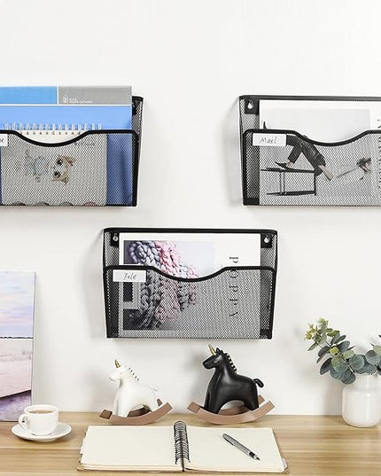 EasyPAG 3 Pack Wall File Organizer with Label Panel, Mesh Hanging File Folder Organizer for Letter/A4 Size Folders, Wall Mounted Vertical Mail Holder for Paperwork, Office, Home, School, Black