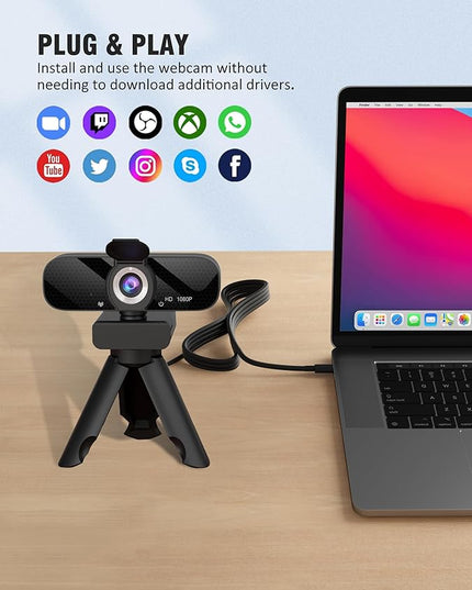 1080P HD Webcam with Built-in Microphone, Rotatable Tripod, Wide-Angle Lens,Privacy Cover, Auto Light Correction, Plug & Play USB-A Webcam for Laptop, Desktop, PC, Streaming-Black