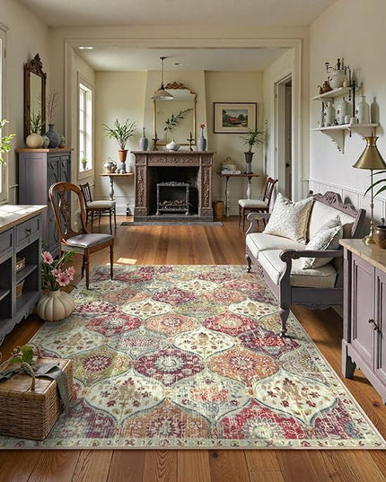Lahome Moroccan Machine Washable Rugs for Living Room, 4x6 Rug for Bedroom Non-Slip Vintage Trellis Ultra-Thin Throw Carpet for Dining Room Office Nursery, Orange/Terracotta