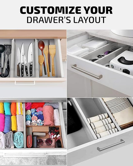 4 Pack Drawer Divider - Bamboo 2.6" High, 12.5-17" Adjustable Drawer Organizers for Clothes, Expandable Dresser Separators in Bedroom/Bathroom/Kitchen/Office Organization and Storage (Grey)