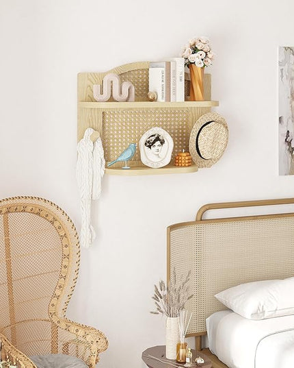 Rattan Wall Shelf Set of 2, Boho Natural Wicker Shelf for Wall with Wood Hook, Nursery Floating Shelves Wall Mounted Rustic Farmhouse Floating Shelf for Decor Storage