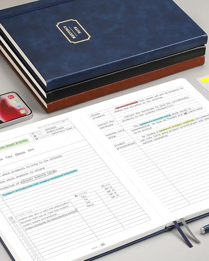 EMSHOI Meeting Notebook for Work with Sticky Tabs - 240 Pages, A4 Size Project Planner, PU Leather Meeting Agenda/Minutes Organizer for Women Men, Note Taking, Office & Business, 8.3"x11.7", Black