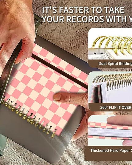 Spiral Journal Notebook, A5 Cute Notebooks for Women Men, College Ruled Hardcover Notebook for Work & Note Taking, 60 Pages Double-Wire Journals for Writing (Pink Checkerboard)